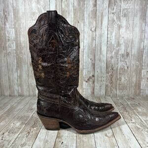 Corral Women's Chocolate Lizard‎ Inlay Snip Toe Cowgirl Boots C2118 Womens 7